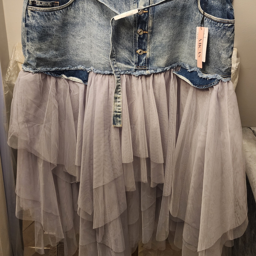Asymmetrical Denim and Tulle Skirt